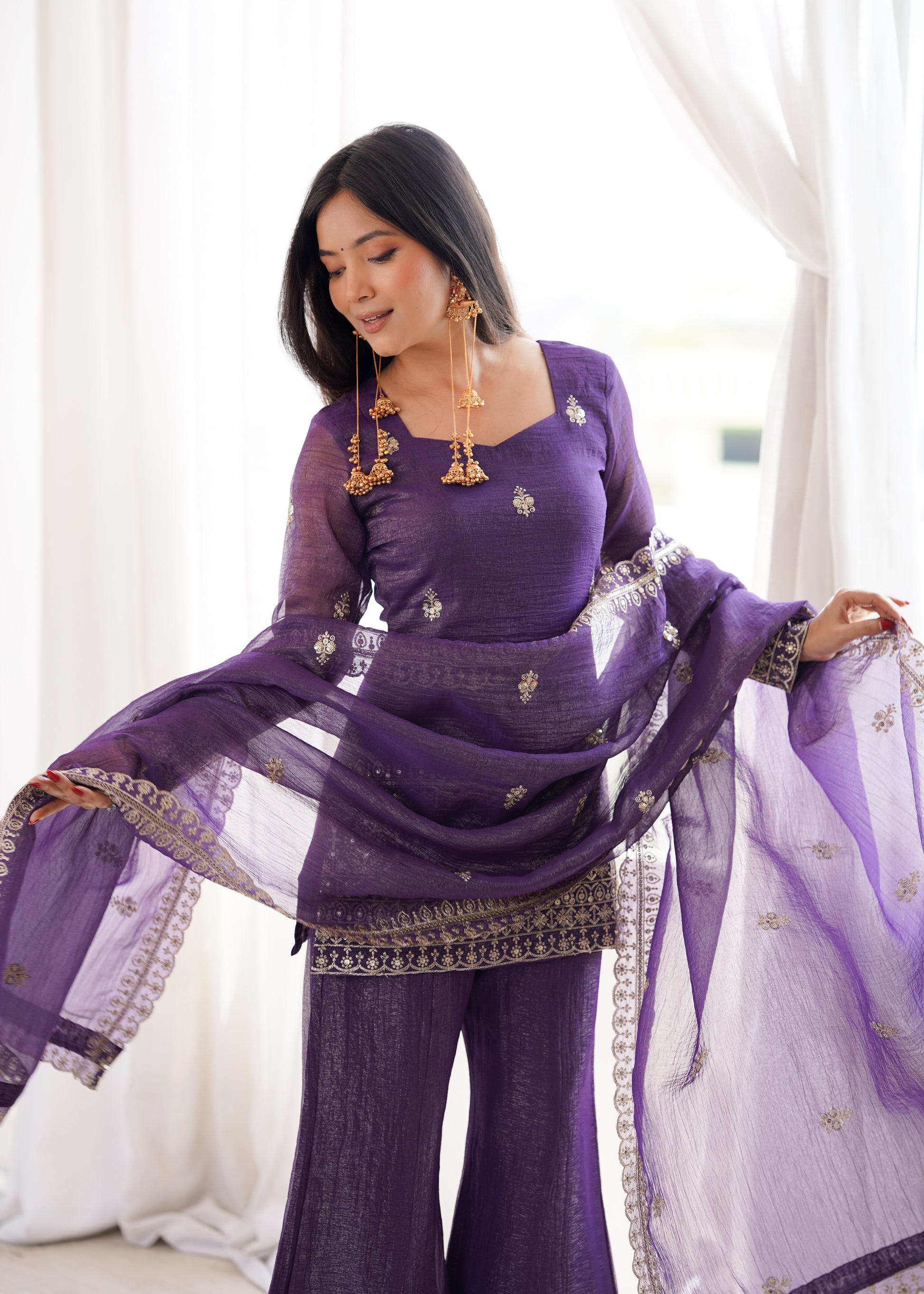 Royal Purple Cruchy Silk Suit sideview For Women
