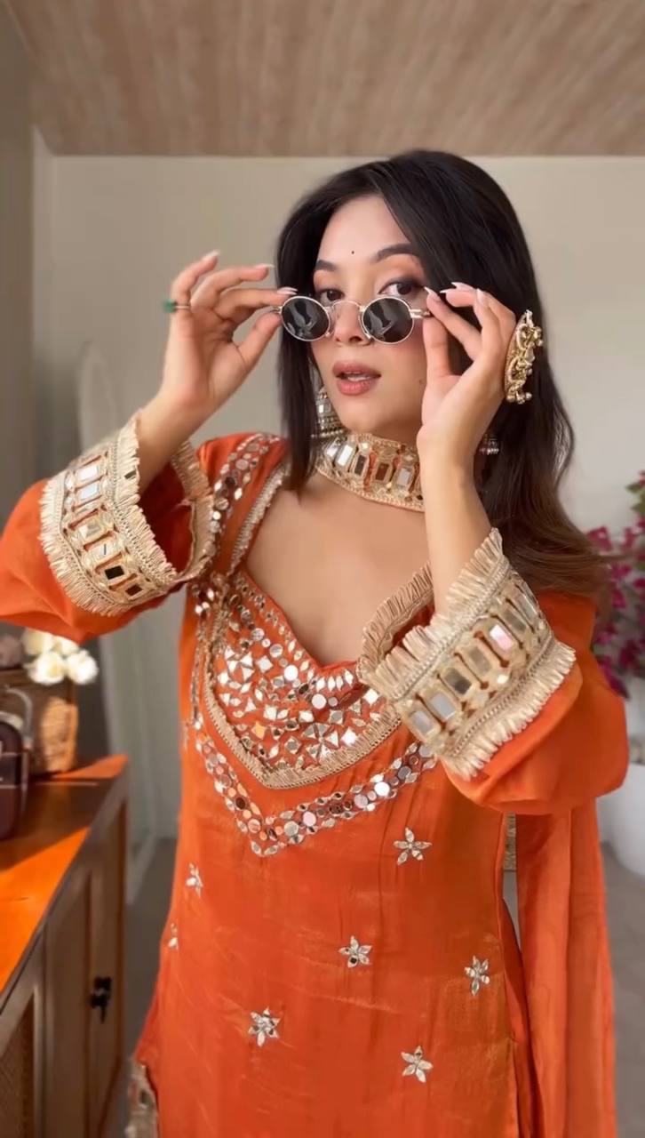 Rust Orange Fendy Silk  Palazzo Suit closeview For Women