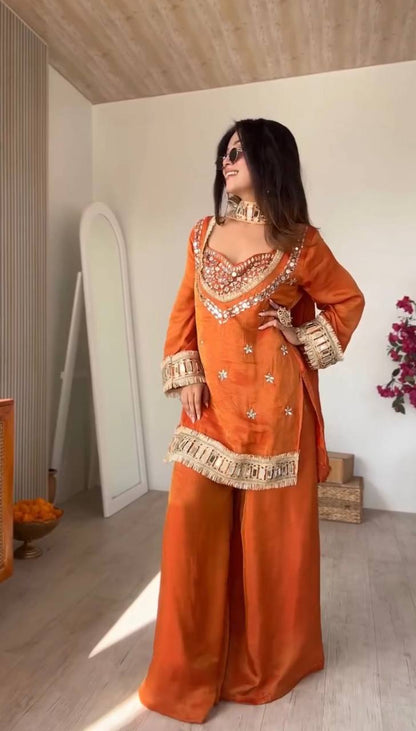 Rust Orange Fendy Silk  Palazzo Suit fullview For Women