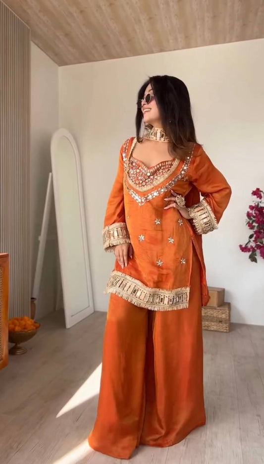 Rust Orange Fendy Silk  Palazzo Suit fullview For Women