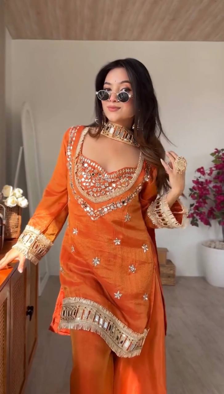 Rust Orange Fendy Silk  Palazzo Suit sideview For Women