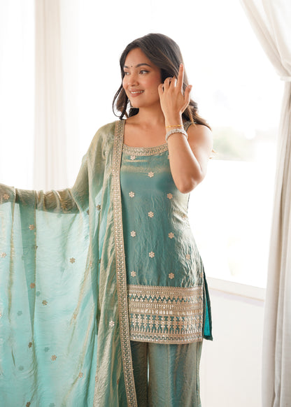Sea Green Frendy Silk Suit closeview For Women