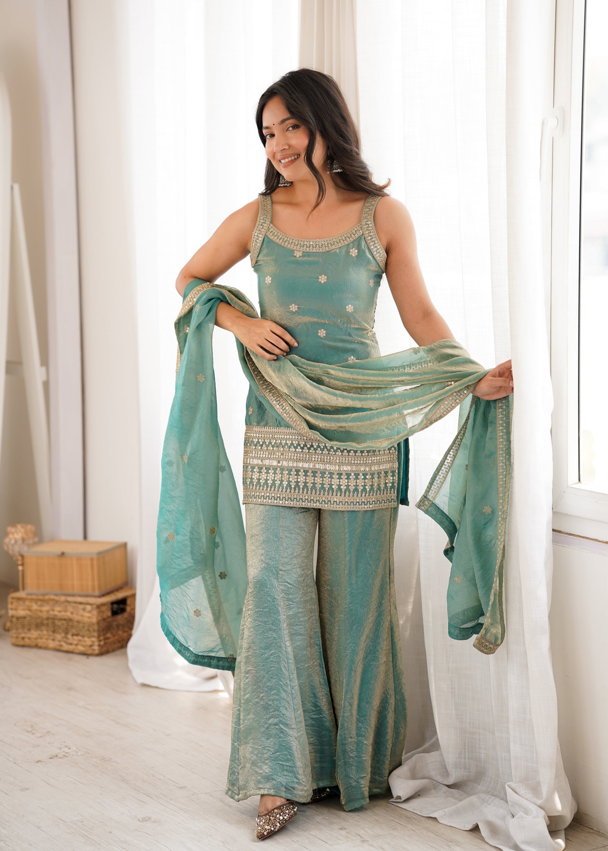 Sea Green Frendy Silk Suit frontview For Women