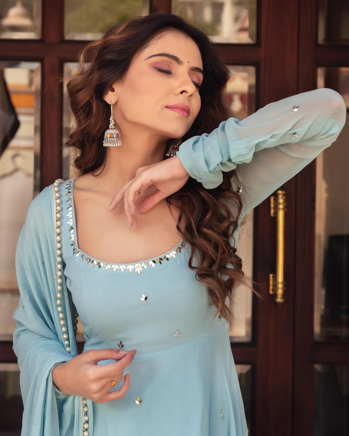 Sky Blue Georgette Anarkali Suit closeview For Women