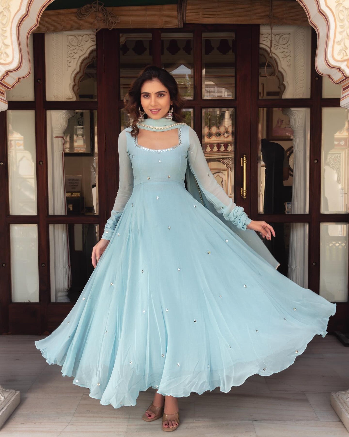 Sky Blue Georgette Anarkali Suit frontview For Women