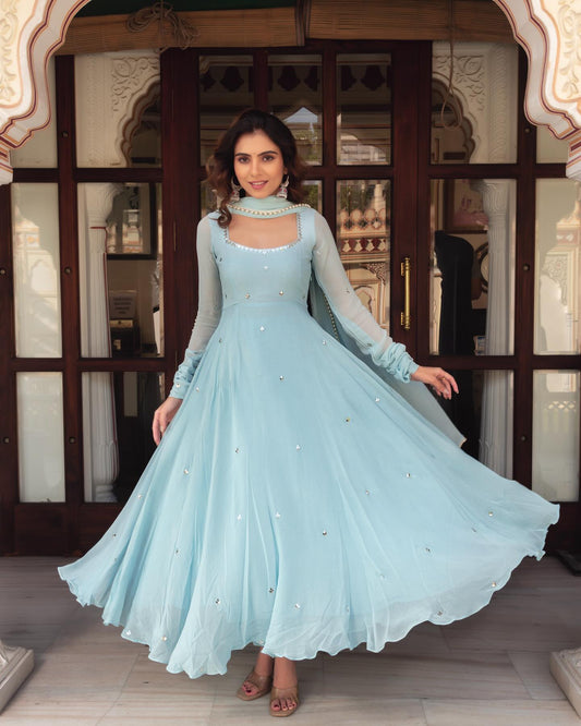 Sky Blue Georgette Anarkali Suit frontview For Women