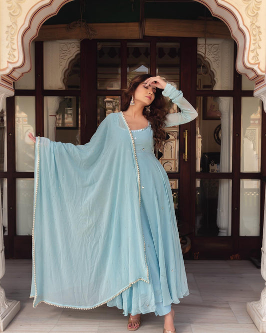 Sky Blue Georgette Anarkali Suit sideview For Women
