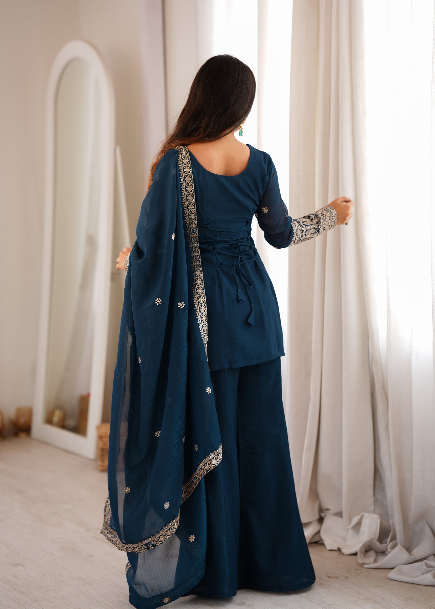 Tealblue Crunchy Silk Kurta Bell Bottom Pant backview For Women  