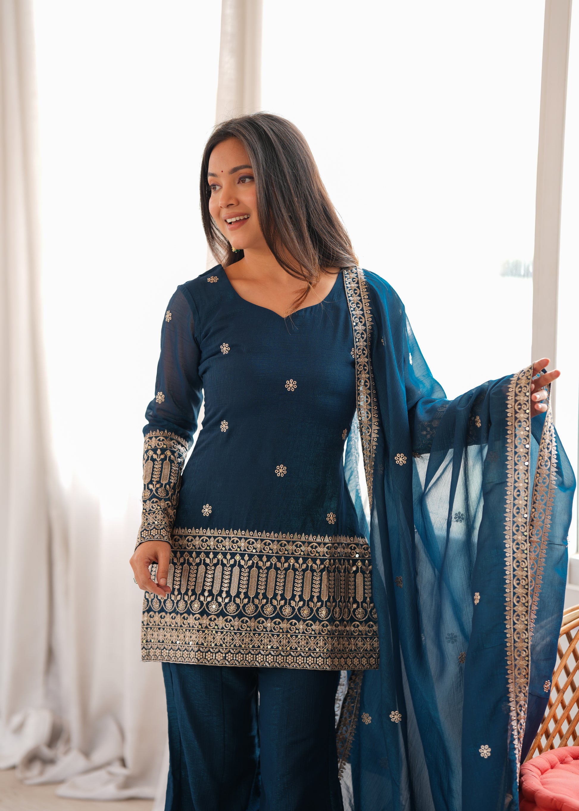 Tealblue Crunchy Silk Kurta Bell Bottom Pant closeview For Women  