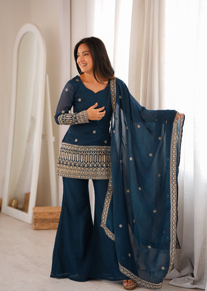 Tealblue Crunchy Silk Kurta Bell Bottom Pant frontview For Women  
