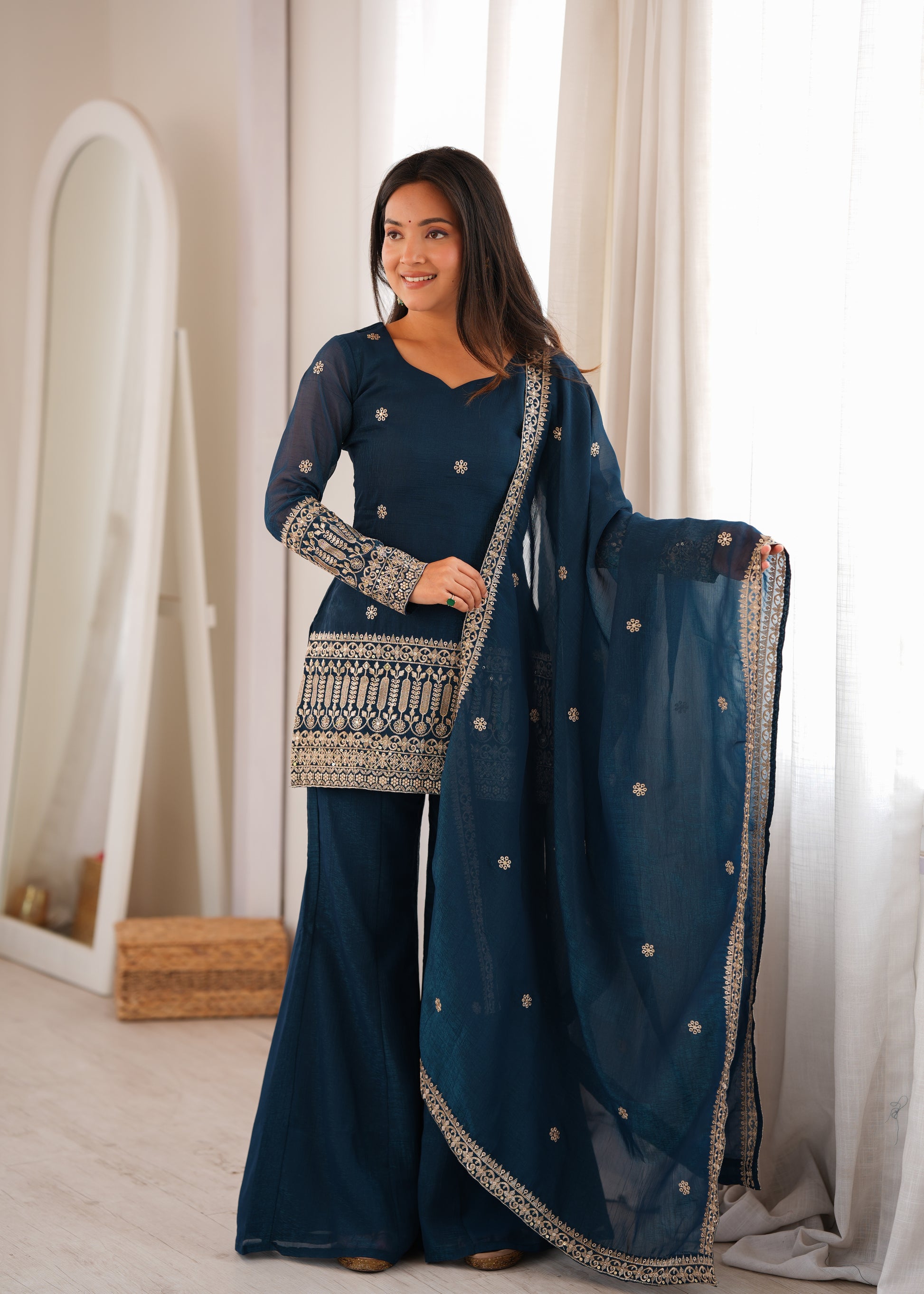 Tealblue Crunchy Silk Kurta Bell Bottom Pant rightview For Women  