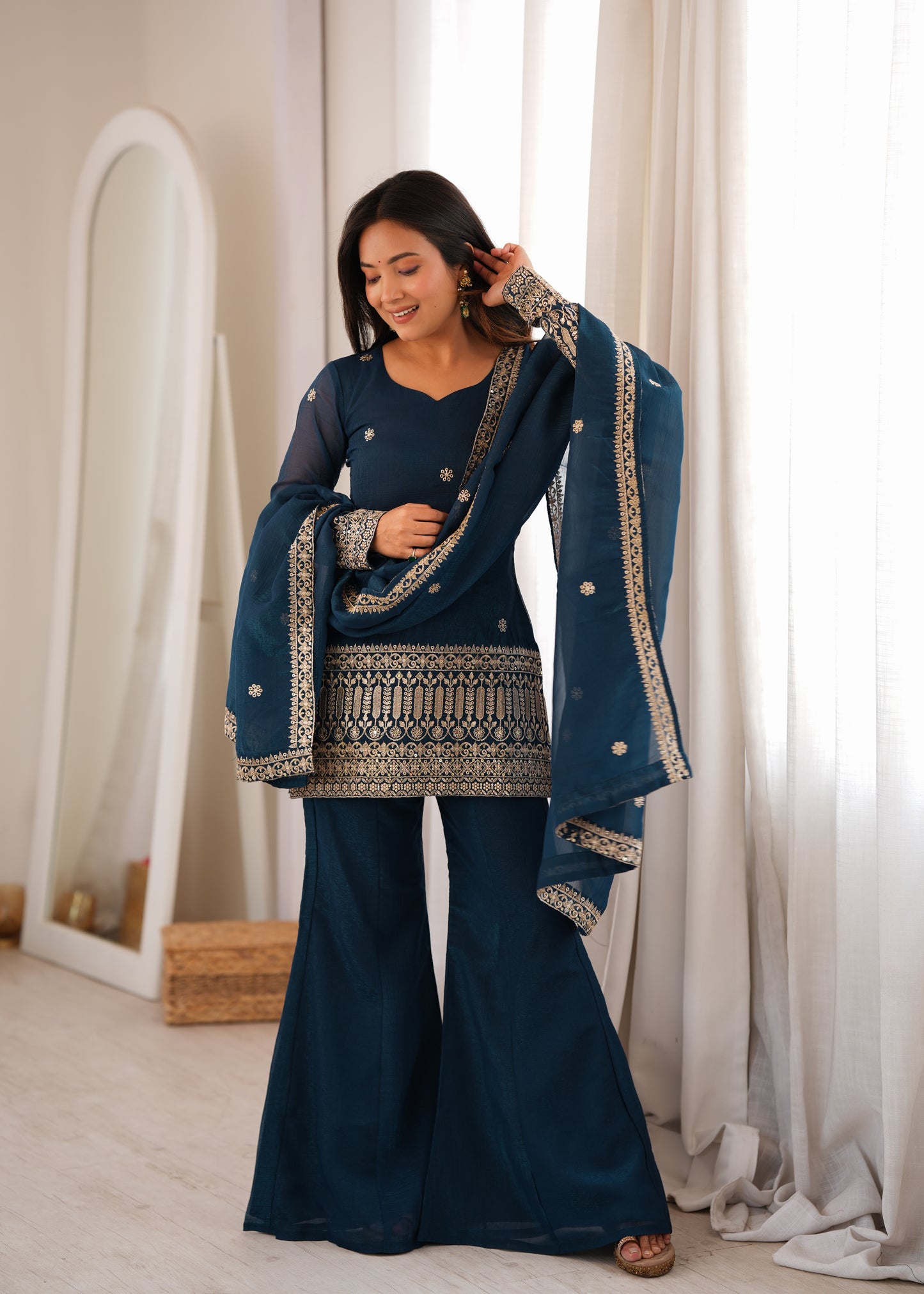 Tealblue Crunchy Silk Kurta Bell Bottom Pant For Women  | Festive Wear 