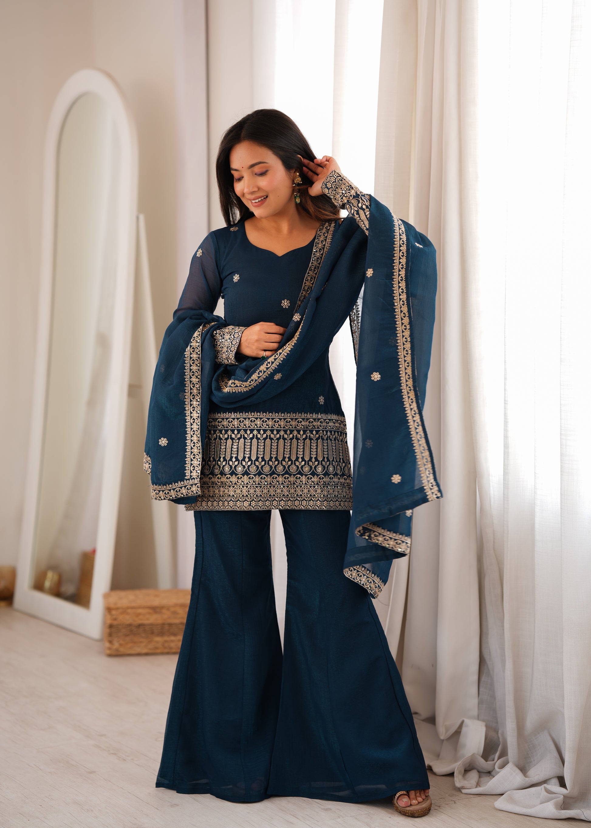 Tealblue Crunchy Silk Kurta Bell Bottom Pant For Women  | Festive Wear 