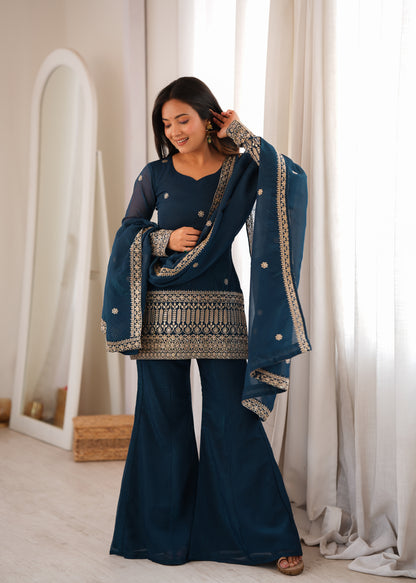 Tealblue Crunchy Silk Kurta Bell Bottom Pant For Women  | Festive Wear 