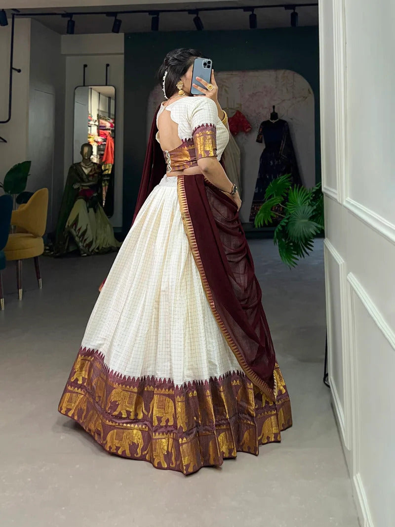 White Poly Cotton South Indian Half Saree Lehenga Choli backview For Women 