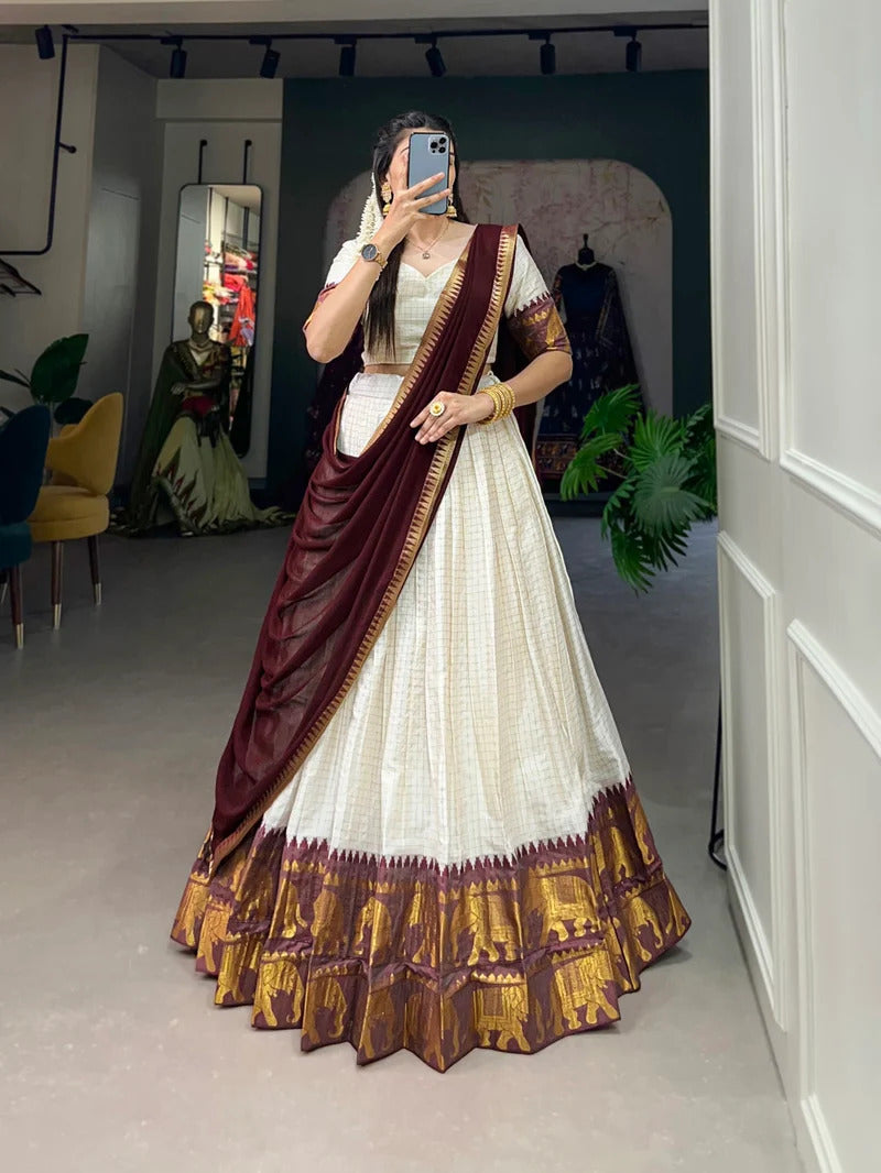 White Poly Cotton South Indian Half Saree Lehenga Choli frontview For Women