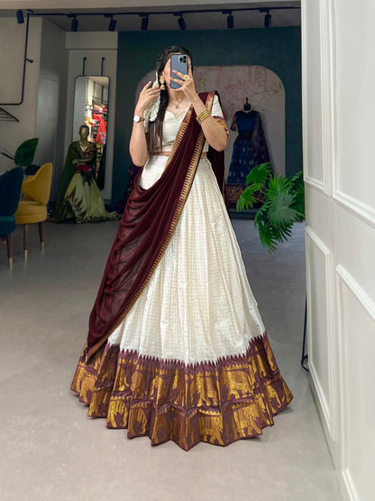 White Poly Cotton South Indian Half Saree Lehenga Choli sideview For Women