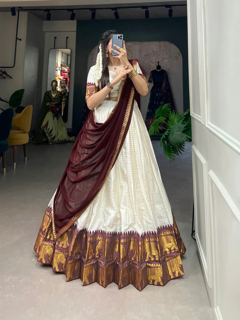 White Poly Cotton South Indian Half Saree Lehenga Choli For Women | Festive Wear