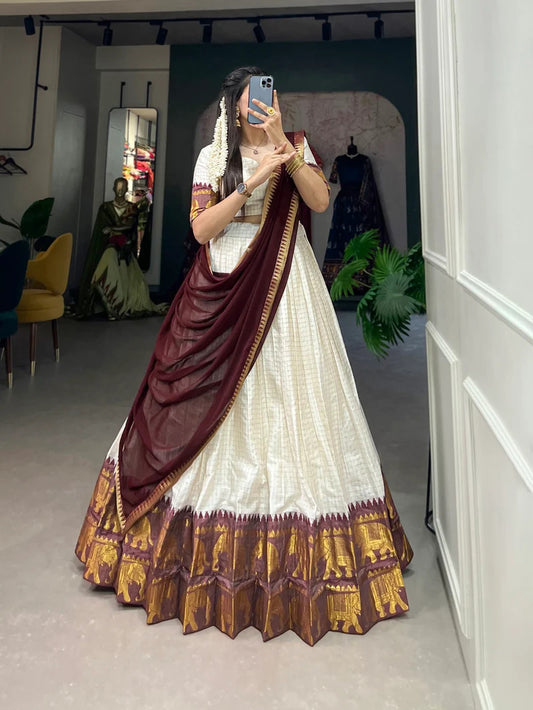White Poly Cotton South Indian Half Saree Lehenga Choli For Women | Festive Wear