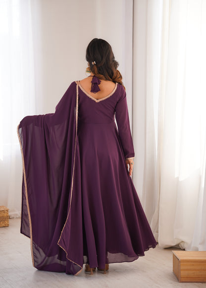 Wine Georgette Anarkali Set backview For Women 