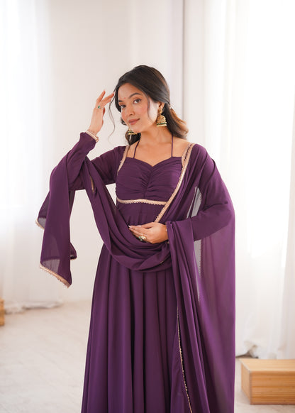 Wine Georgette Anarkali Set closeview For Women 