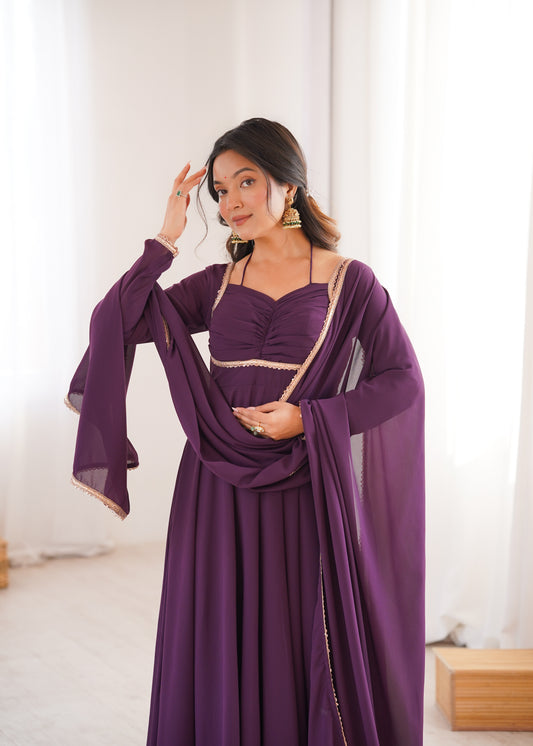 Wine Georgette Anarkali Set closeview For Women 