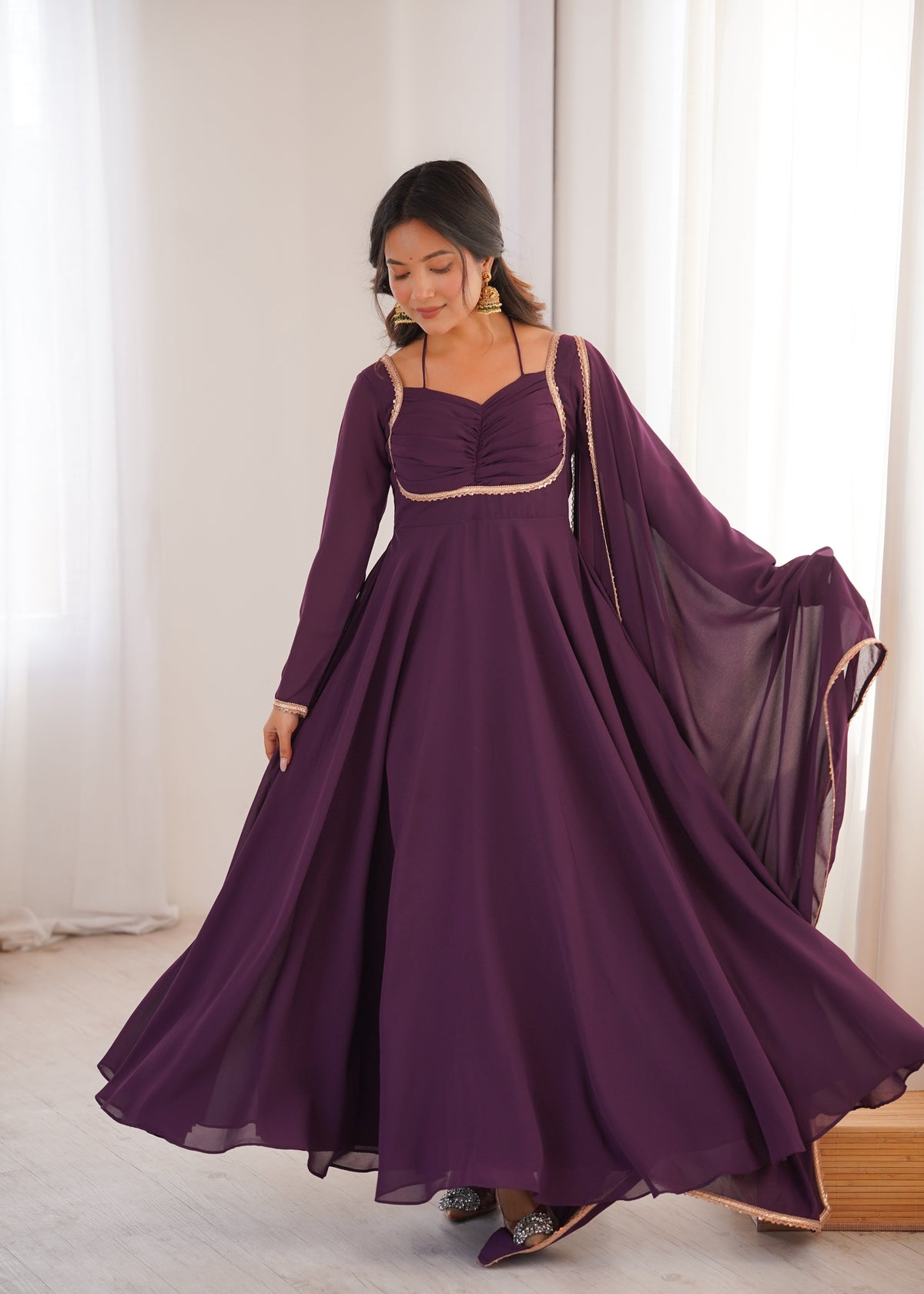 Wine Georgette Anarkali Set frontview For Women 