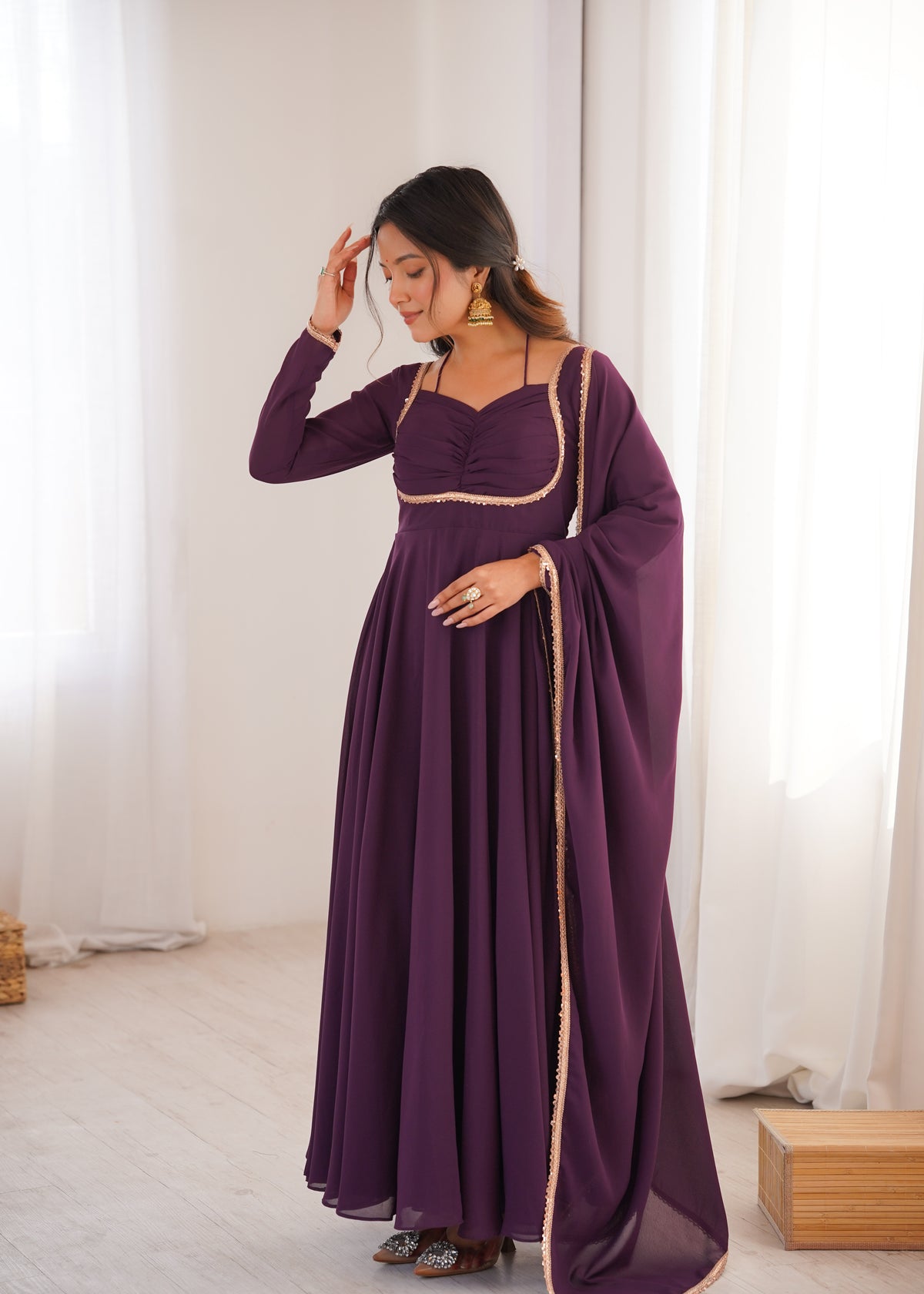 Wine Georgette Anarkali Set rightview For Women 