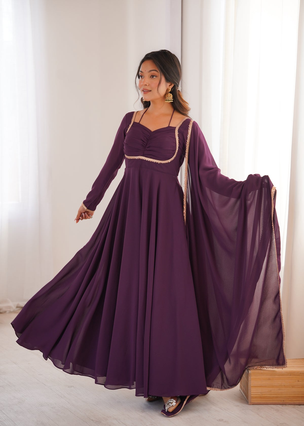 Wine Georgette Anarkali Set sideview 
For Women 