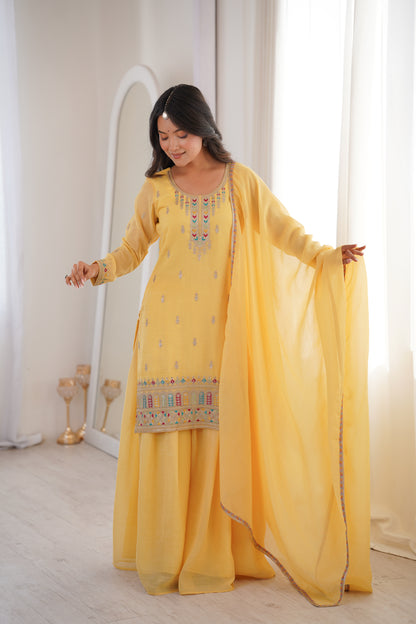 Yellow Crunchy Silk Sharara Suit frontview For Women 