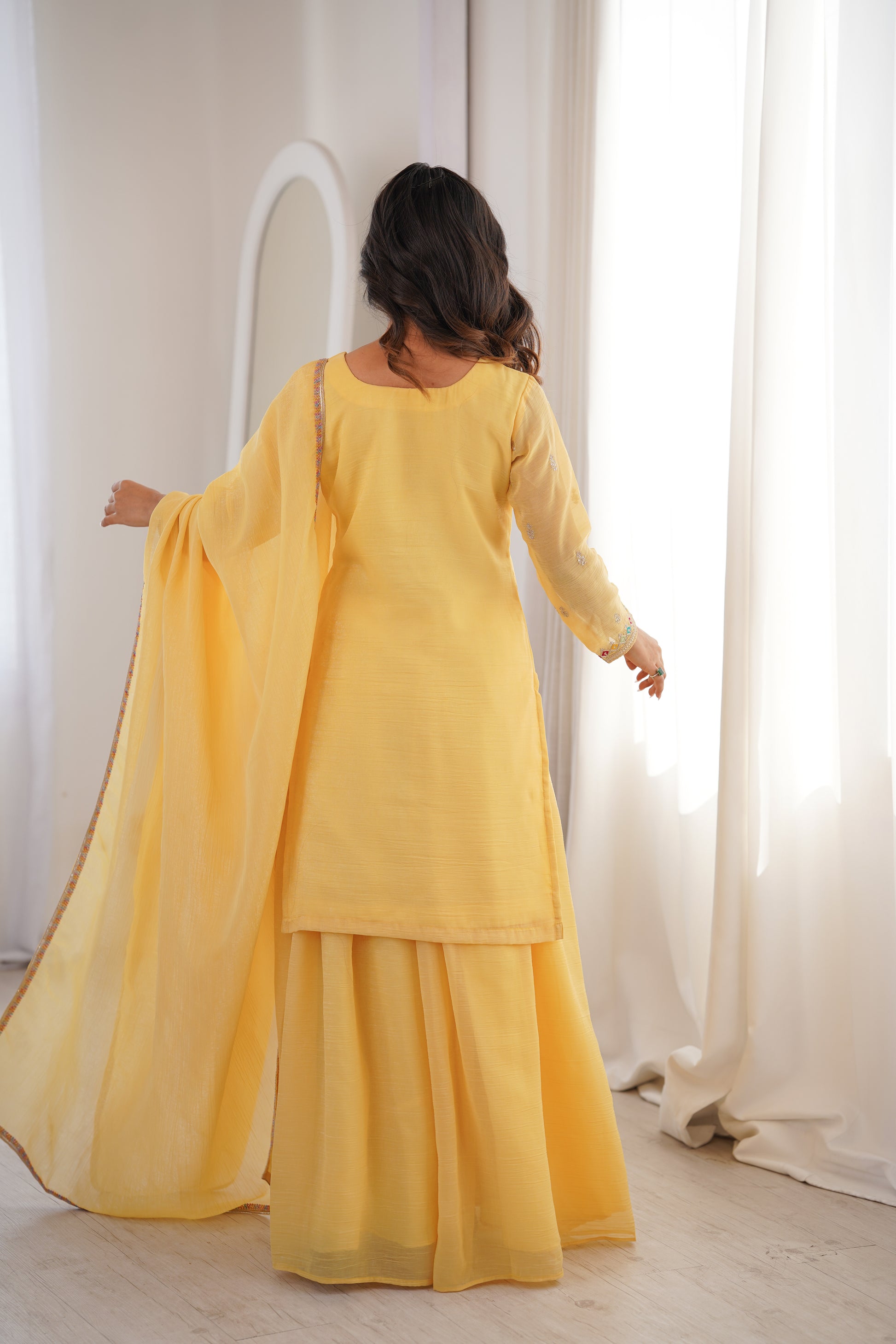 Yellow Crunchy Silk Sharara Suit backview For Women 