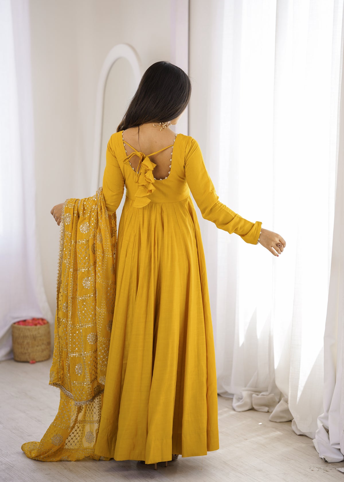 Yellow Roman Silk Chanderi Anarkali Suit backview For Women 