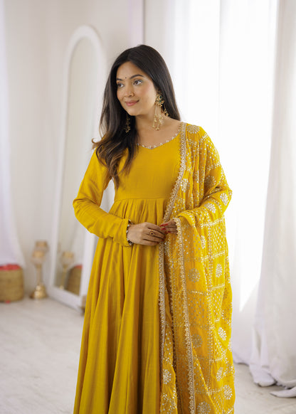 Yellow Roman Silk Chanderi Anarkali Suit closeview For Women 