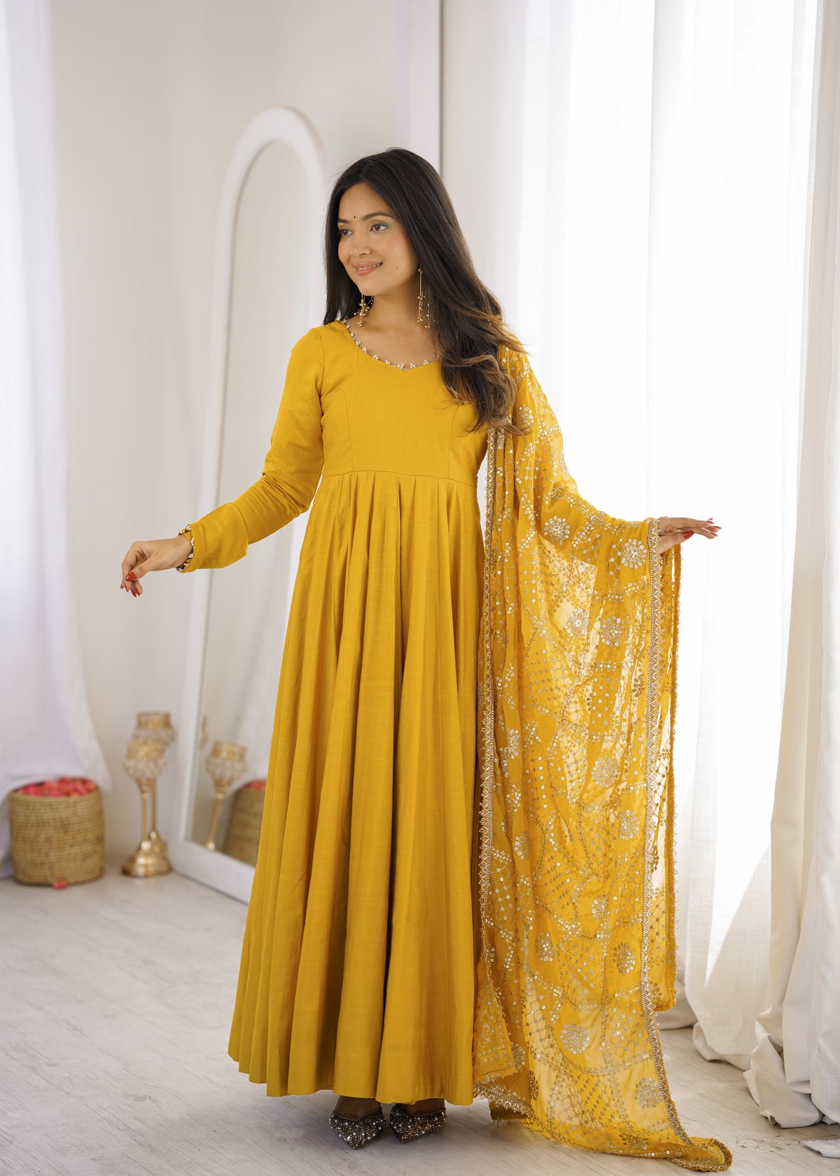 Yellow Roman Silk Chanderi Anarkali Suit frontview For Women 