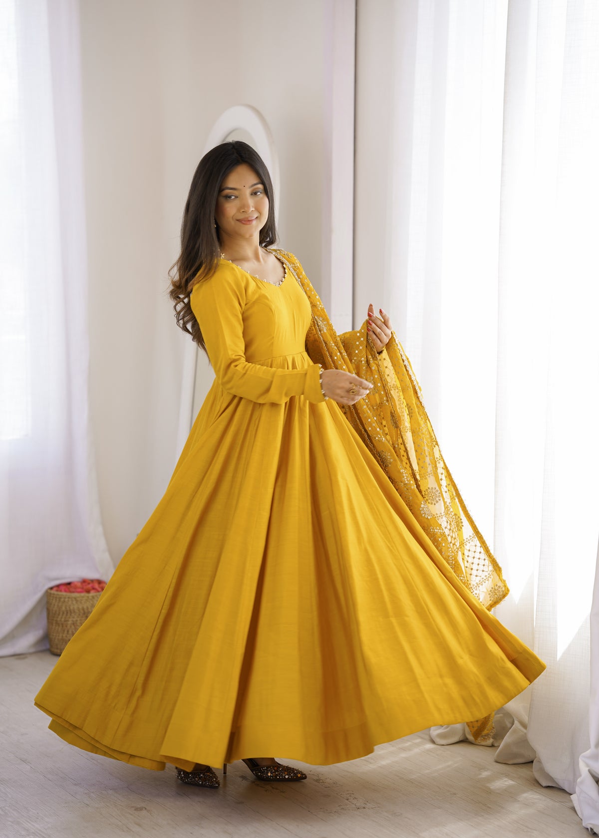 Yellow Roman Silk Chanderi Anarkali Suit sideview For Women 